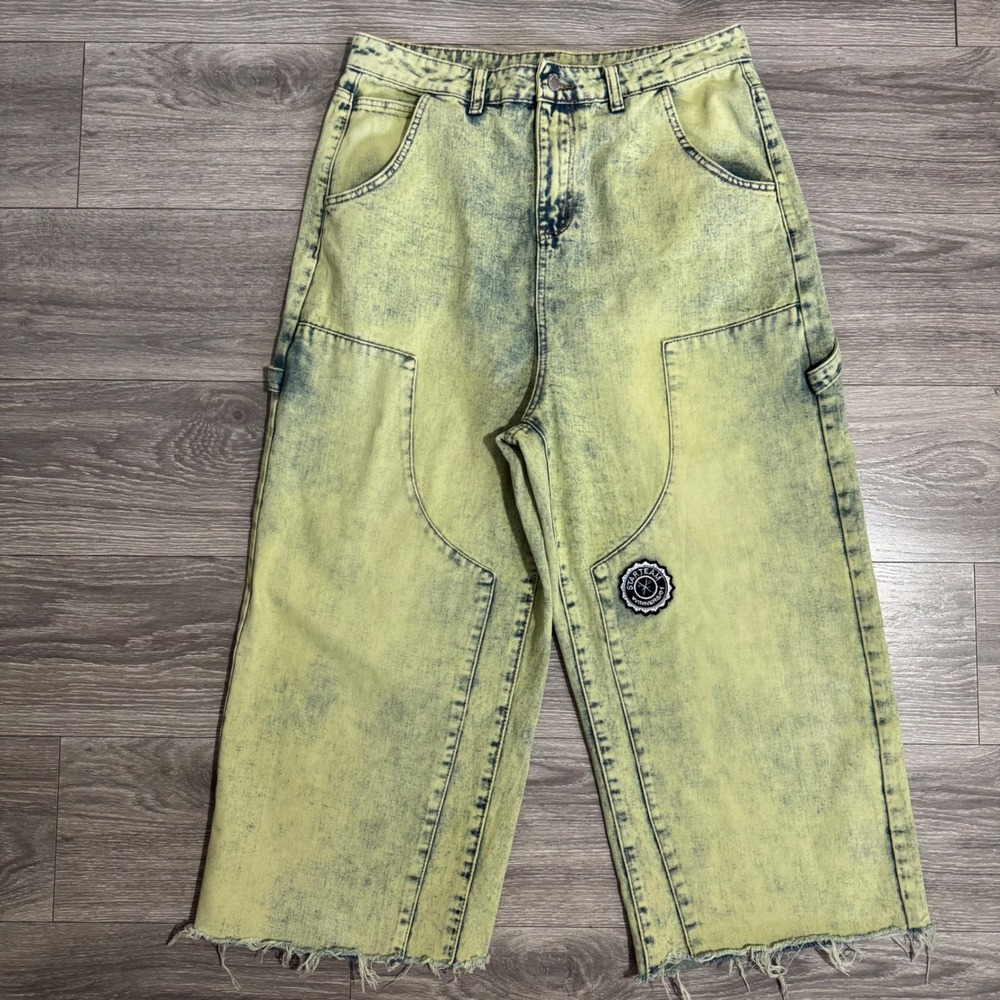 MANFINITY Men's Washed Yellow‎ Denim Carpenter Pants Cropped Ultra Baggy L 34x23